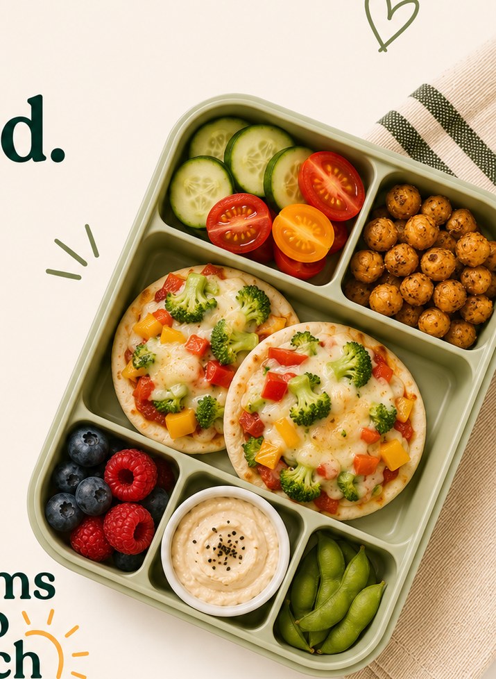 Colorful kid-friendly lunch with mini veggie pizzas and fresh produce